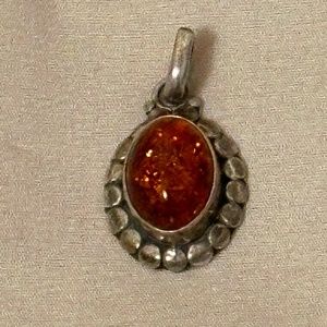 925 Sterling Silver Baltic Amber Pendant Genuine Vintage w/Dark Cognac Color